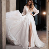 Long Puff Sleeve Tulle Wedding Dress With Side Slit A-Line Floor-length Lace Bridal Gown